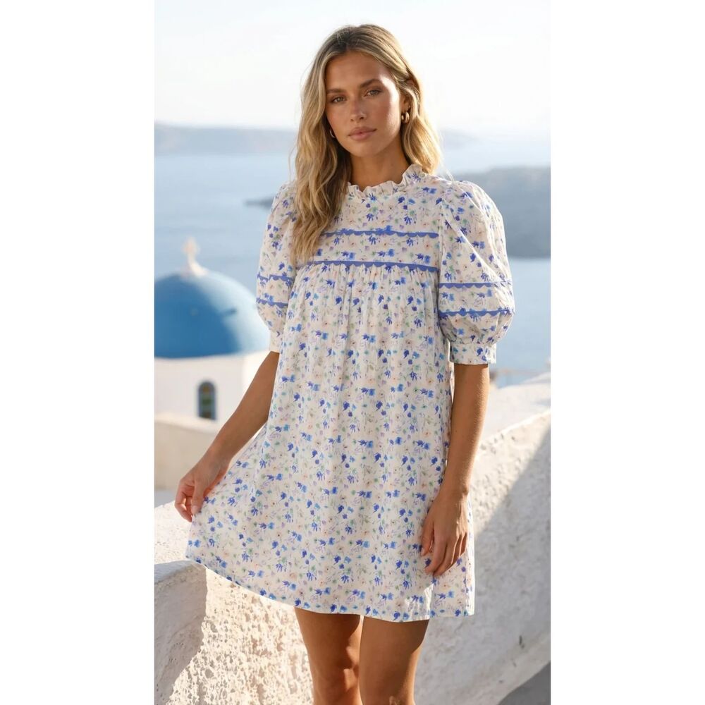 Meet Me In Santorini Aegean Bloom Short Sleeve Dress
